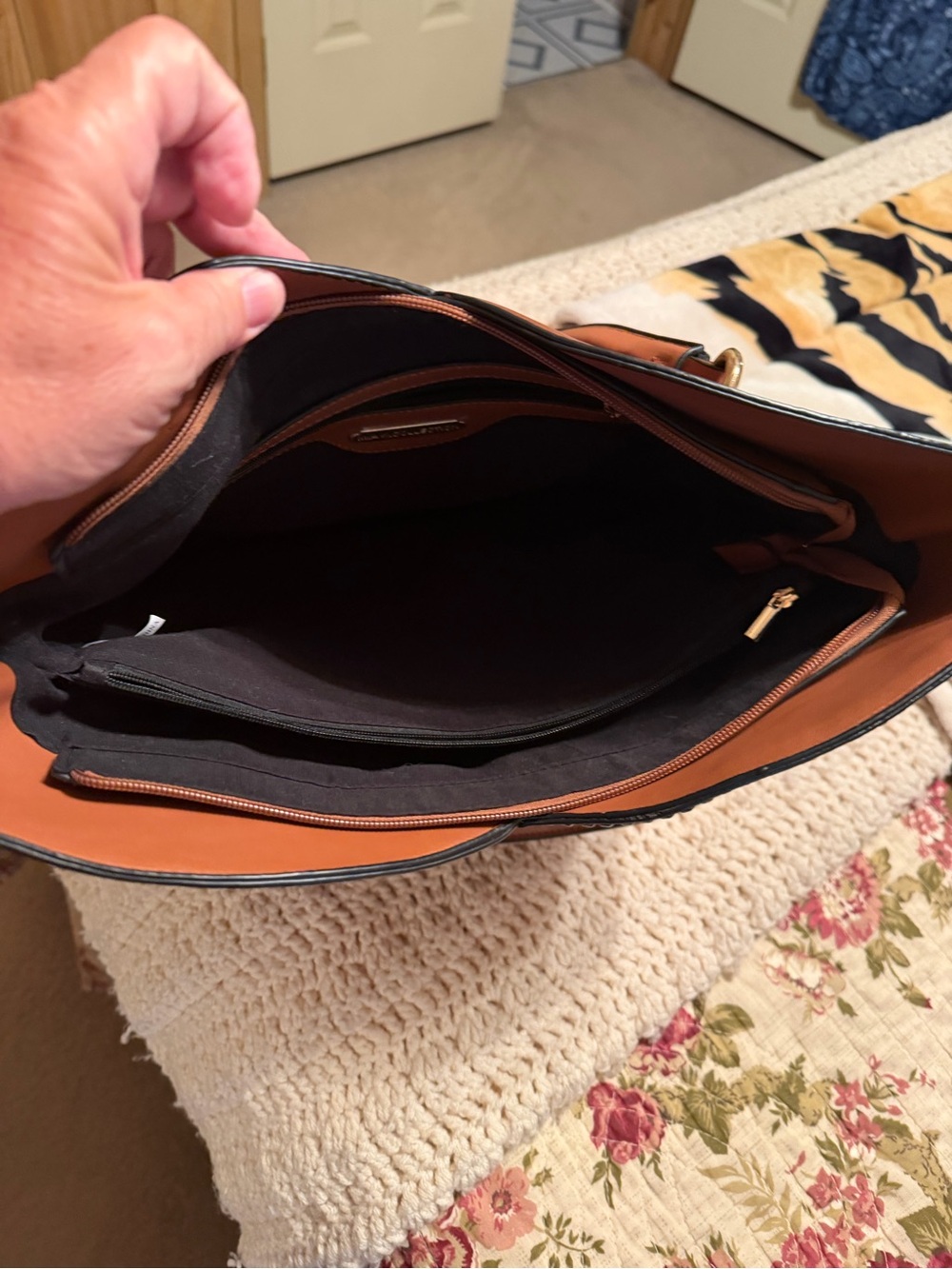 Women's Stylish Tan Shoulder Tote with Decorative Stitching - Picture 3 of 3